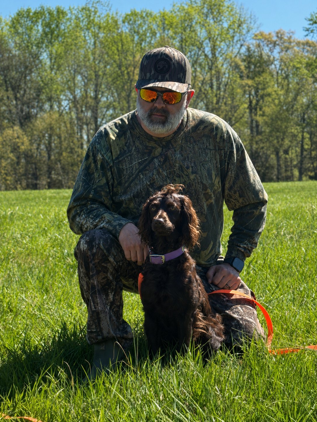 Joe Shipley in the field with Whiskey, the family's Boykin Spaniel